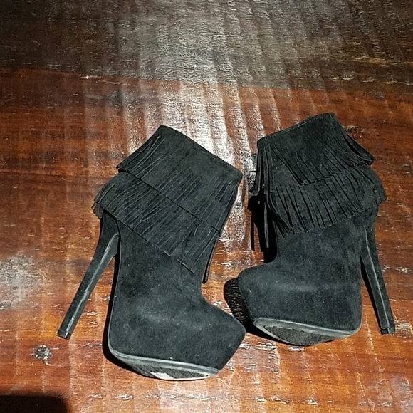 BLACK PLATFORM BOOTIES W FRINGES SUPER HIGH HEELS MOBWIFE CLUBWEAR GOING OUT - Picture 5 of 11